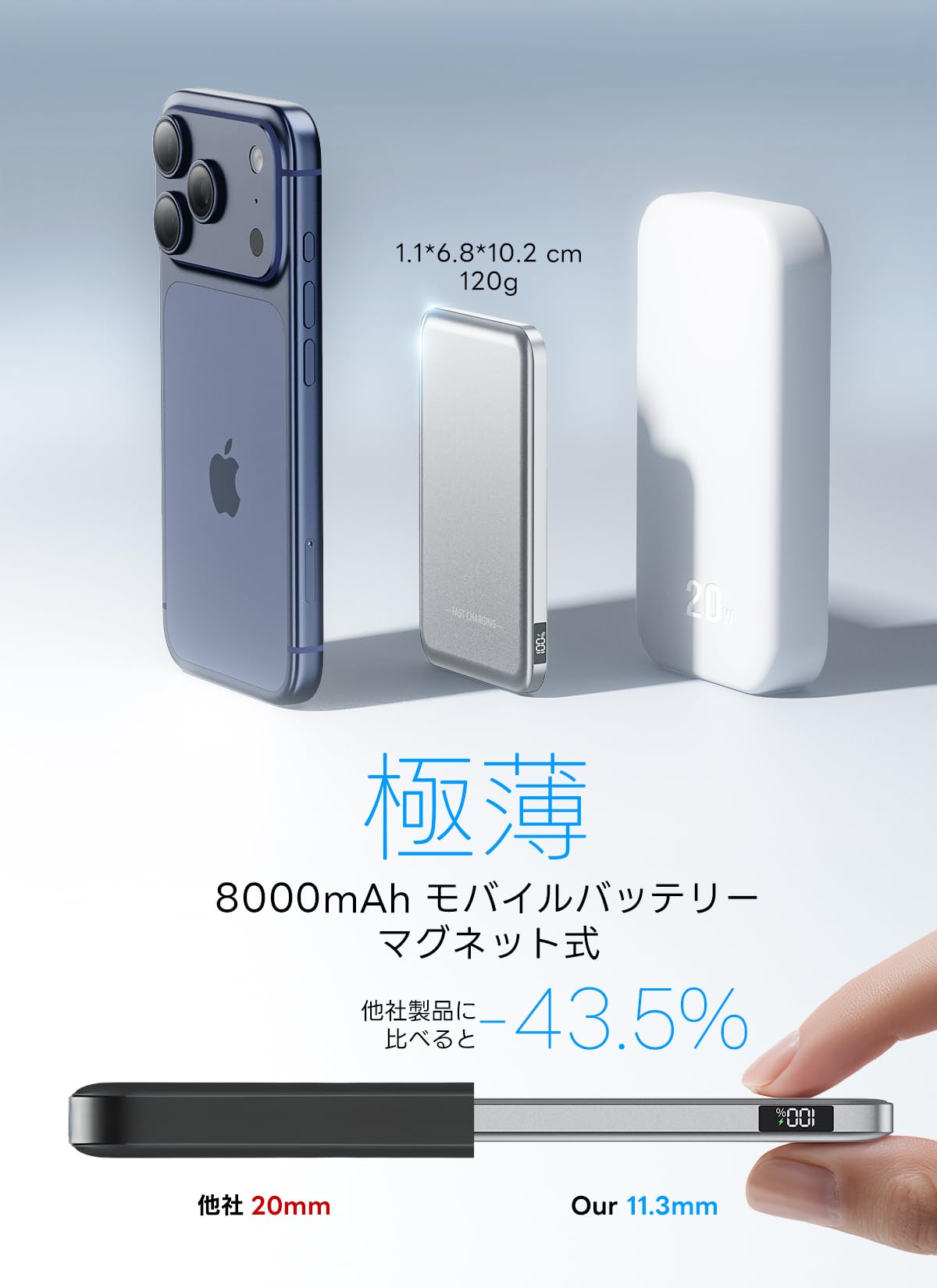 MagSafe対応 モバイルバッテリー 8000mAh マグネット ワイヤレス Amazon | 極薄設計・モバイルバッテリー 軽量 小型 8000mAh大容量